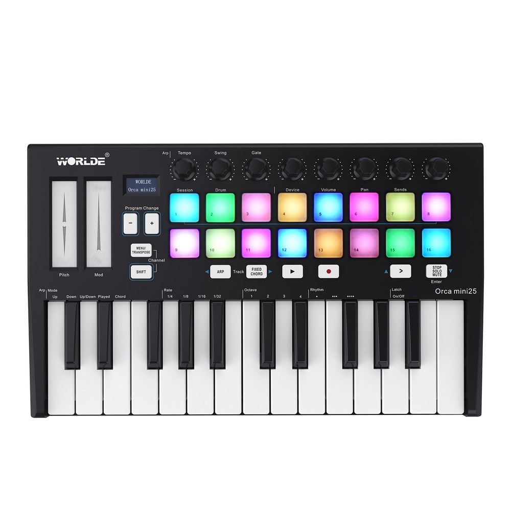 WORLDE Orca mini25 25-Key USB MIDI Keyboard Controller 16 Backlit Trigger Pads