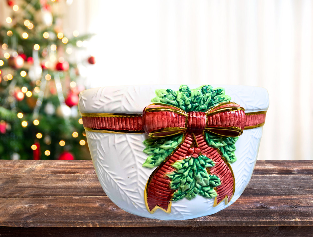 Holly Tree Round Bowl Embossed, Hand-Painted Design