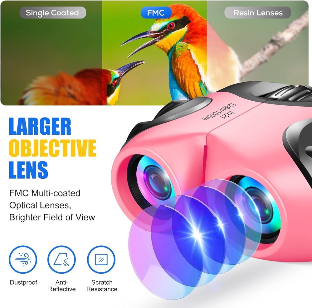 High Resolution 8X Binoculars for Kids - Shockproof, Slip Resistant, Waterproof