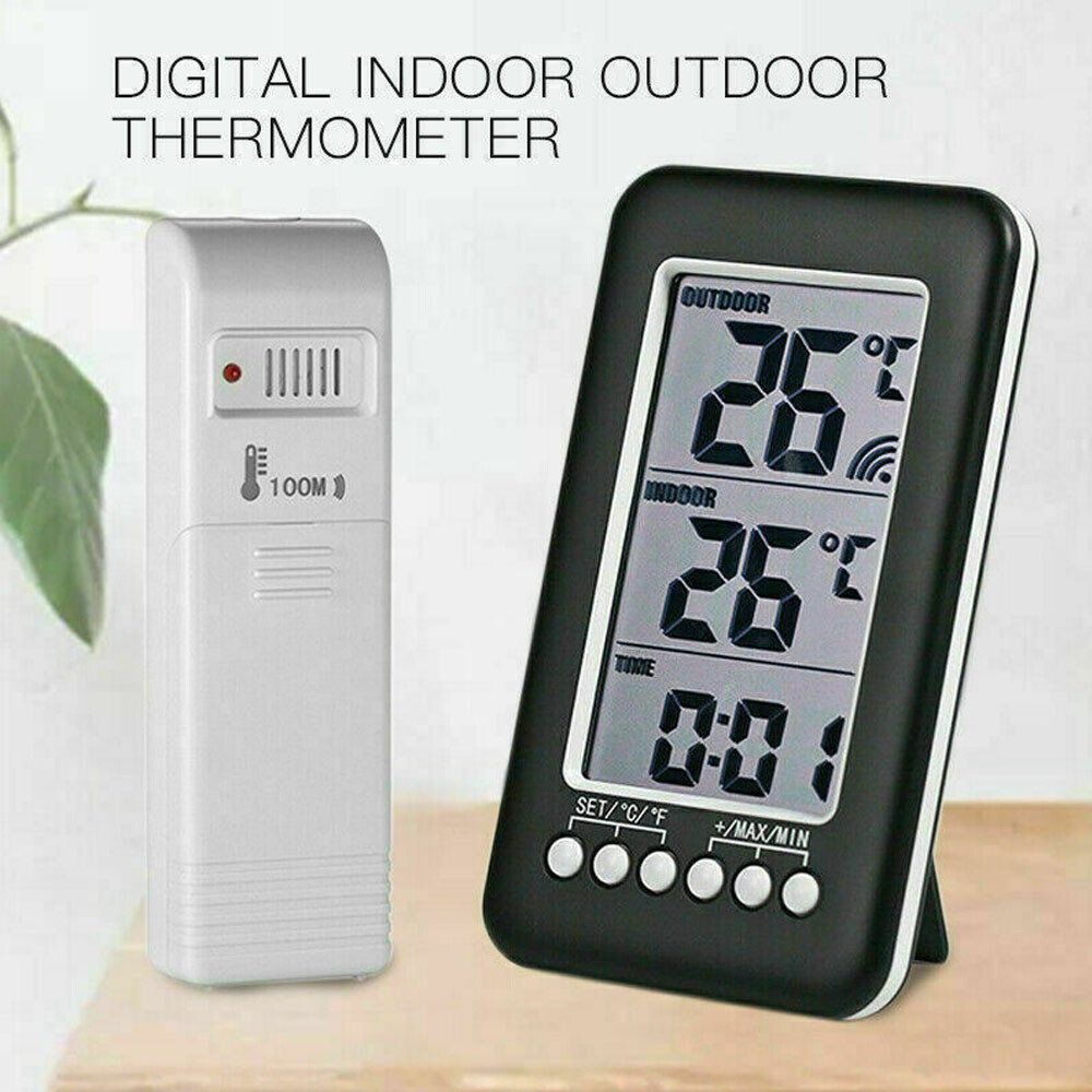 Indoor/Outdoor Digital Thermometer Clock Temperature Wireless Transmitter Meter