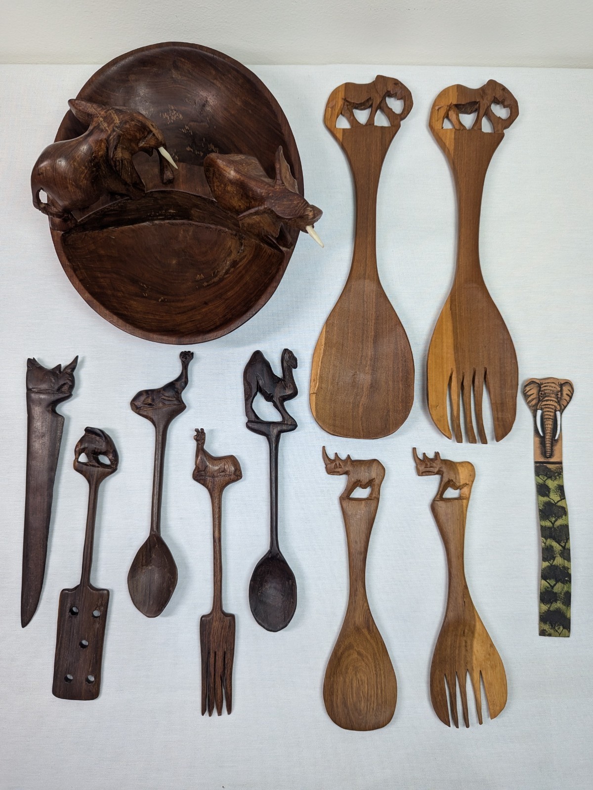African Hand Made Carved Wooded Elephant Divided Bowl & Animal Serving Utensils