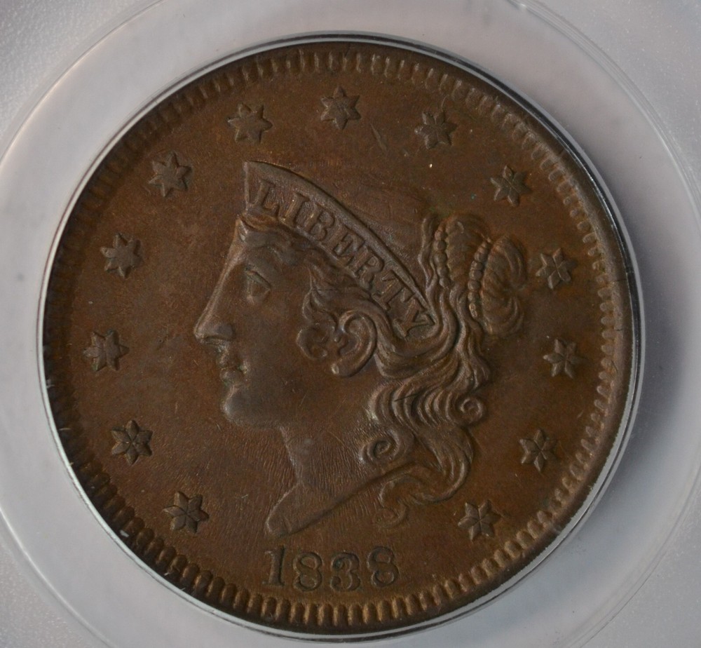 1838 Coronet Head large cent, PCGS MS63BN, OGH