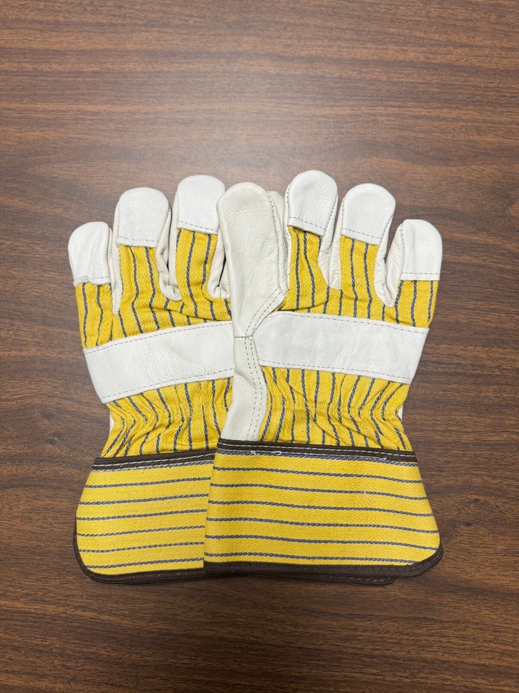 Men’s Work Gloves Grain Leather Palm Durable Striped Back, Large