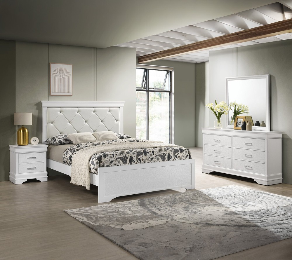 White Queen 5pc Bedroom Set Upholstered Diamond Tufted Headboard Panel Bed