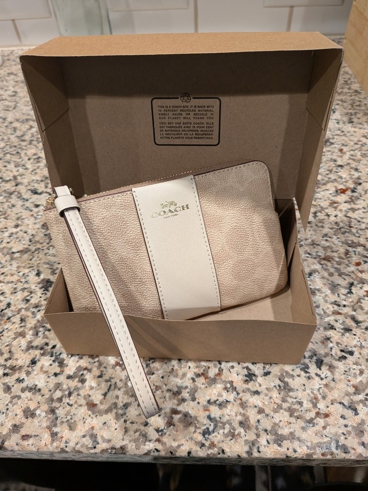 Coach Corner Zip Wristlet Wallet w/ Strap, Logo Pattern, Beige/White