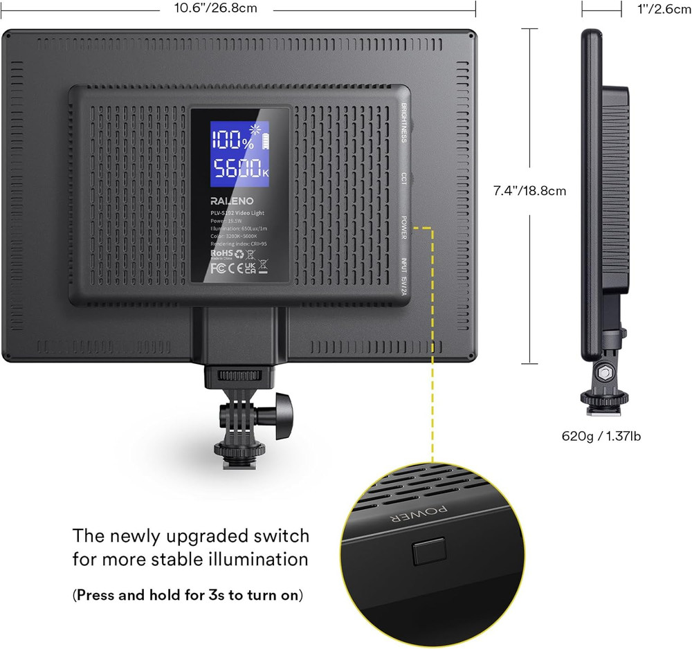 19.5W LED Video Soft Light Panel, 650Lux/M Camera Panel Light Built-In 8000Mah B