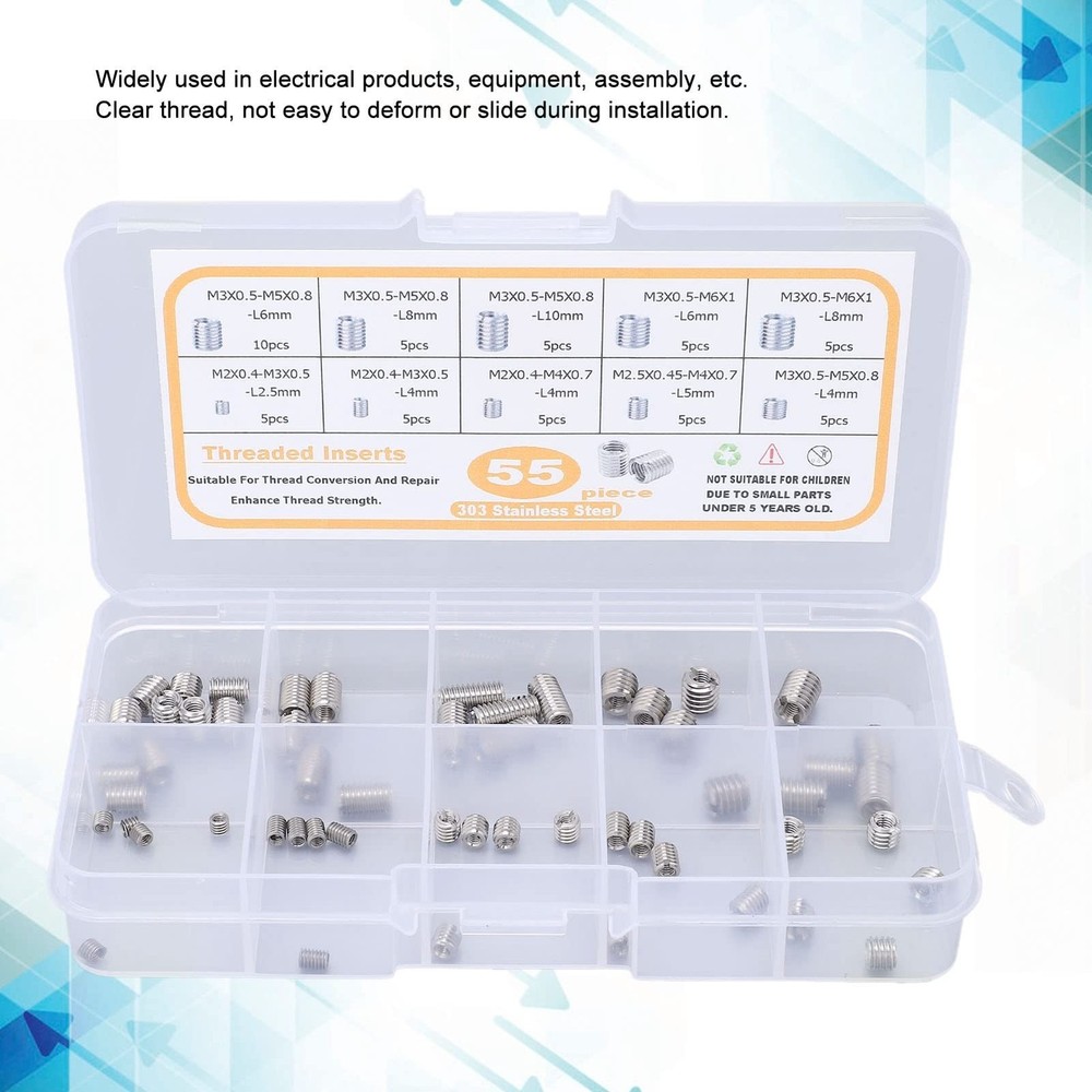 55-Piece Metric Threaded Insert Kit with Thread Reducer Nuts – Fastener Se