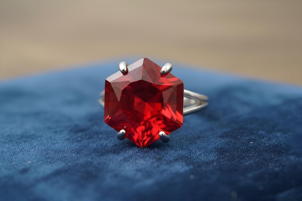 Ruby Silver Ring Anemone Handmade Hexagon Cut 16mm Sterling Jewelry