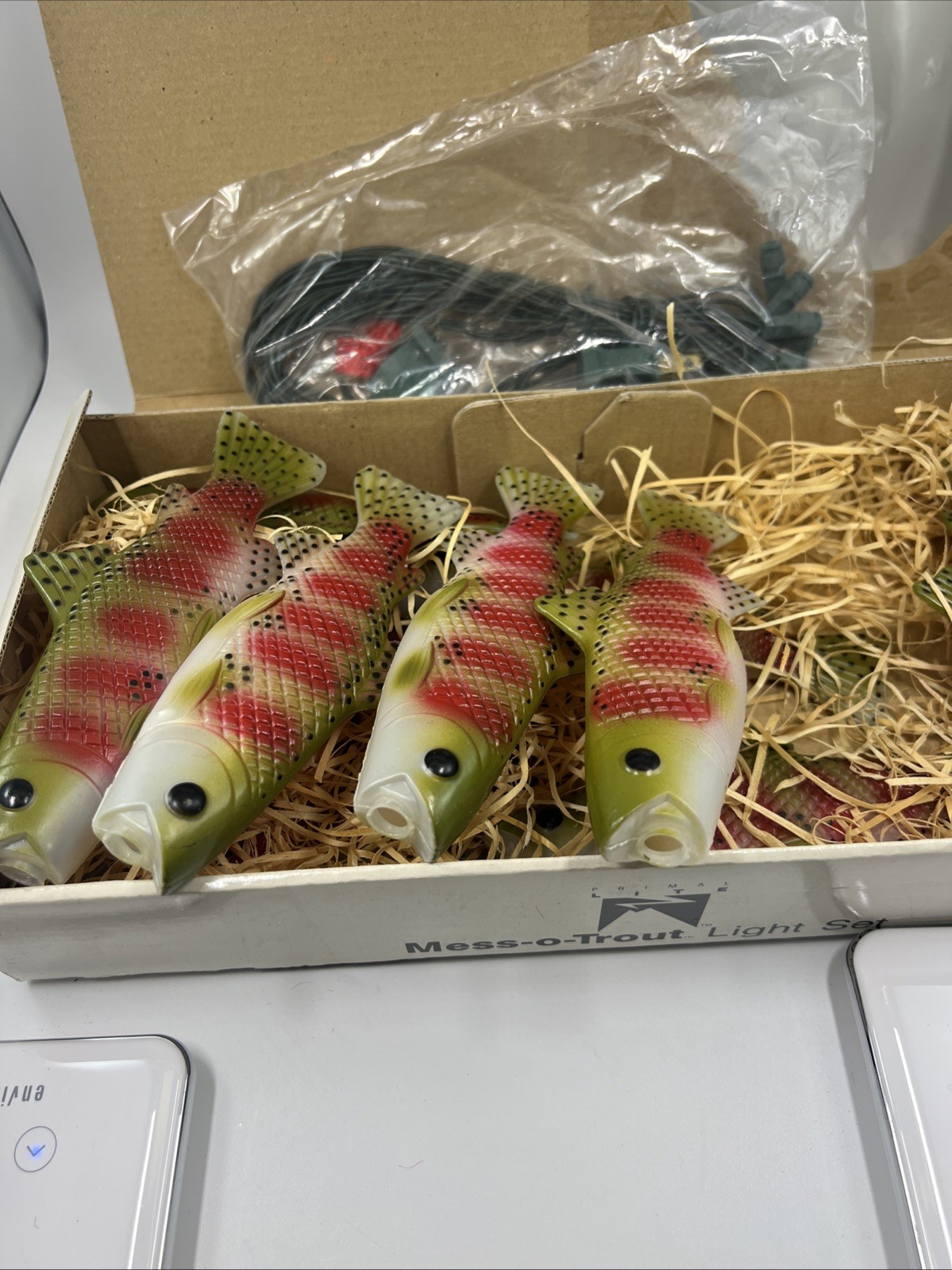 Vintage 1987 Blow Mold Mess-o-Trout Fish String Lights 10 Fish & Lights NOB