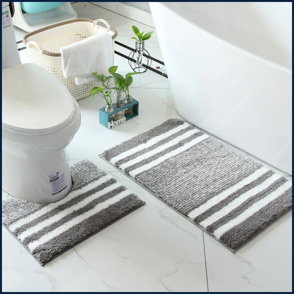 2Pcs Striped Microfiber Bath Rug Set Non Slip Quick Dry Machine Washable