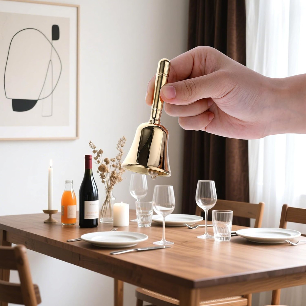 Solid Brass Dinner Bell with Metal Handle - 3.9" Handbell for Various Uses