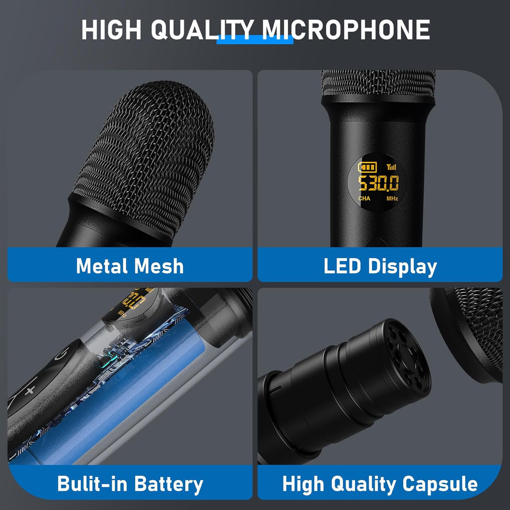 Wireless Microphone System Karaoke Machine - Rechargeable Handheld Dynamic Micro