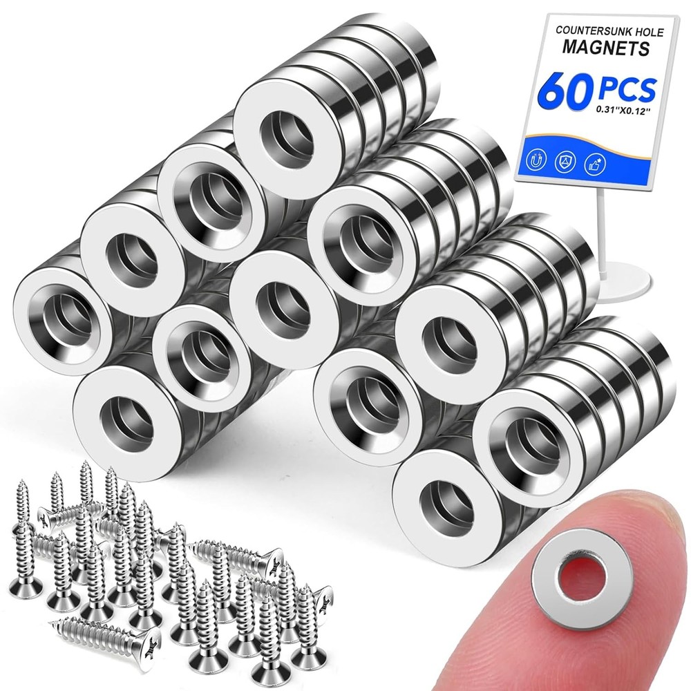 LOVIMAG 60 Pack Small Magnets, Rare Earth Magnet with Countersunk Hole Silver