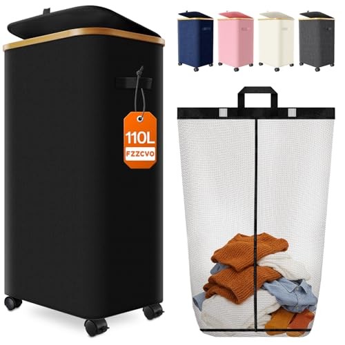 Laundry Hamper with Wheels Large Clothes Hamper with Removable Inner 110L Black