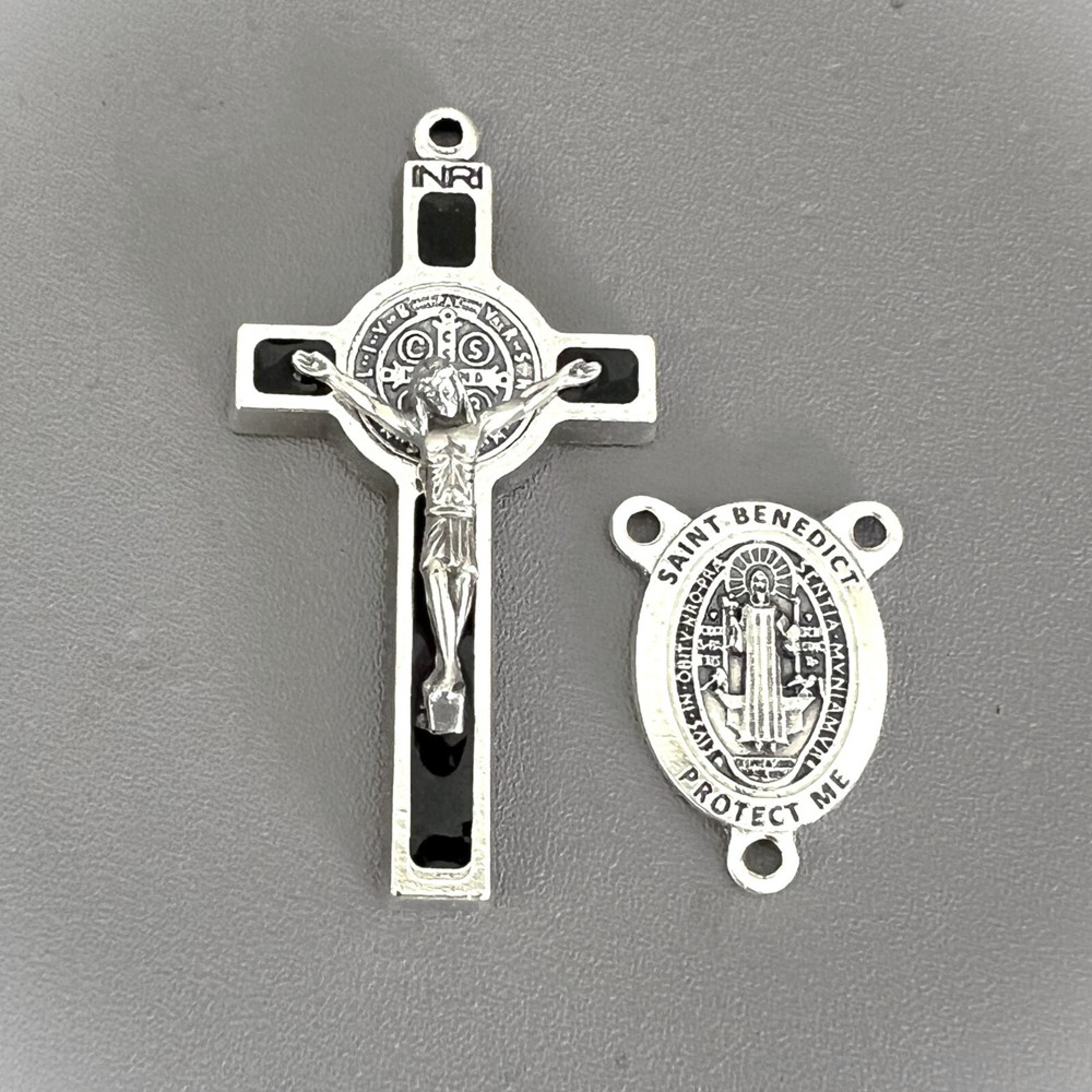 Rosary CENTER & CRUCIFIX Set Italy Rosaries Parts St. Saint Benedict LARGE BLACK