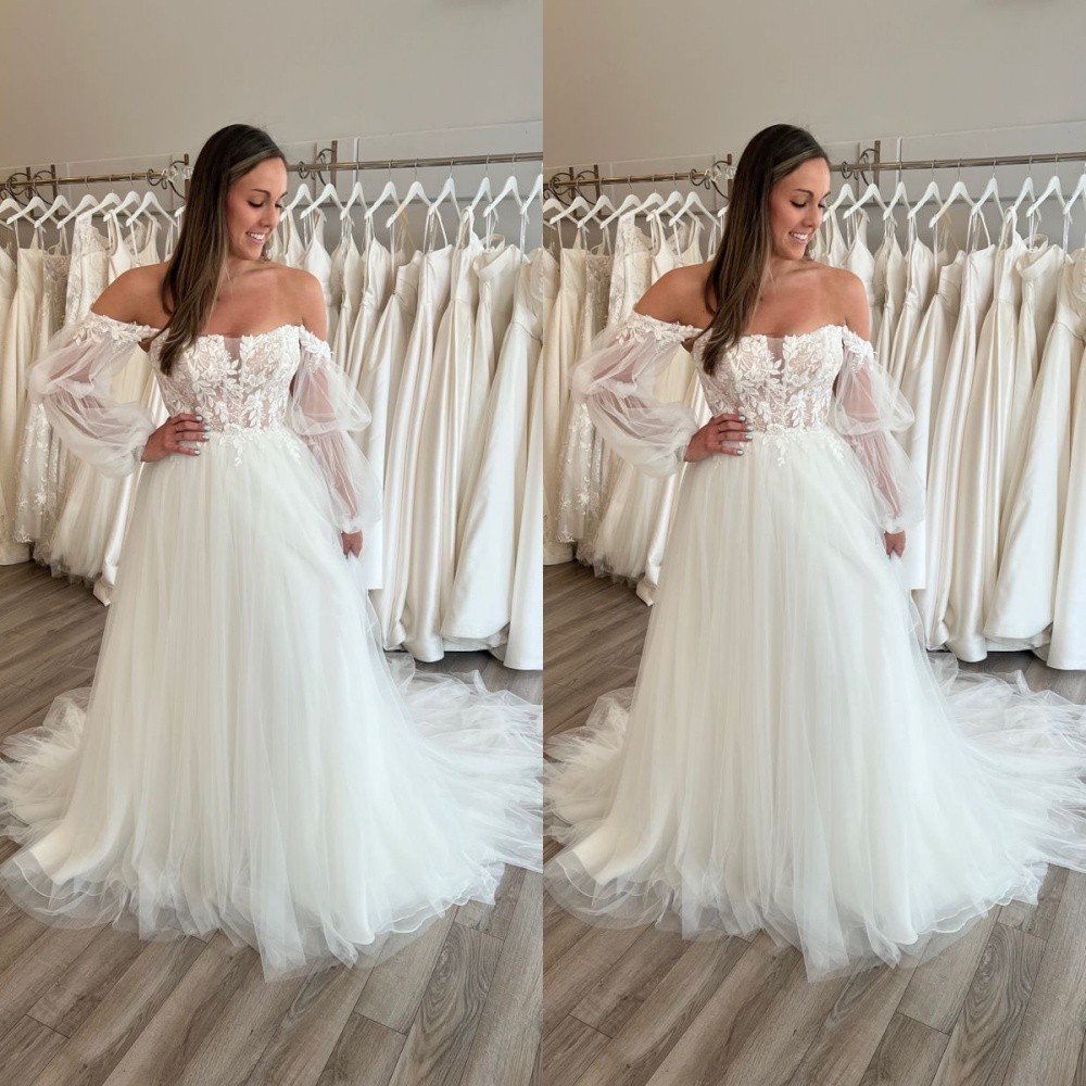 Boho Wedding Dresses Off Shoulder Long Sleeves Lace Beach A Line Bridal Gowns