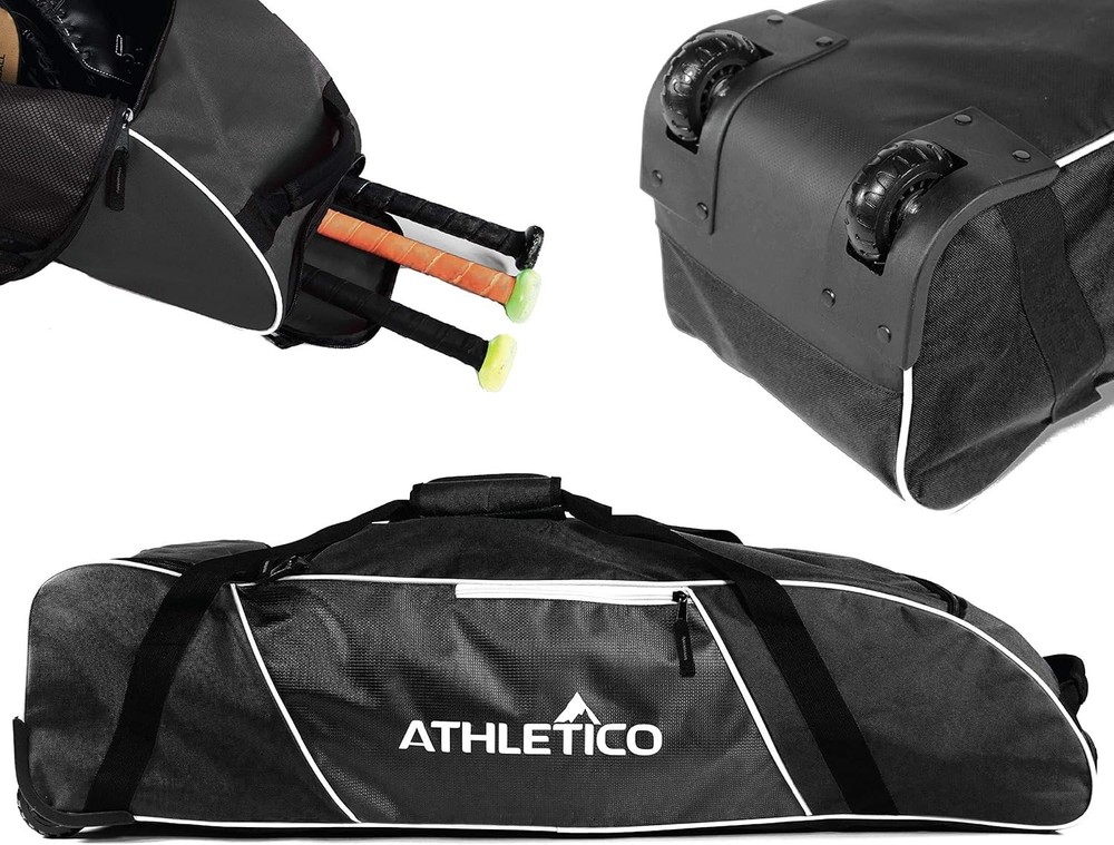 Large Rolling Black Baseball Bag with Ventilated Shoe Compartment & Pockets
