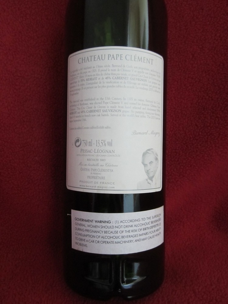 2005 Chateau Pape Clement empty wine bottle with cork