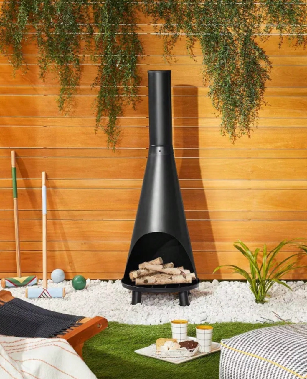 New Hearth & Hand Magnolia Wood Burning Outdoor Metal Fire Pit Chimenea, Black