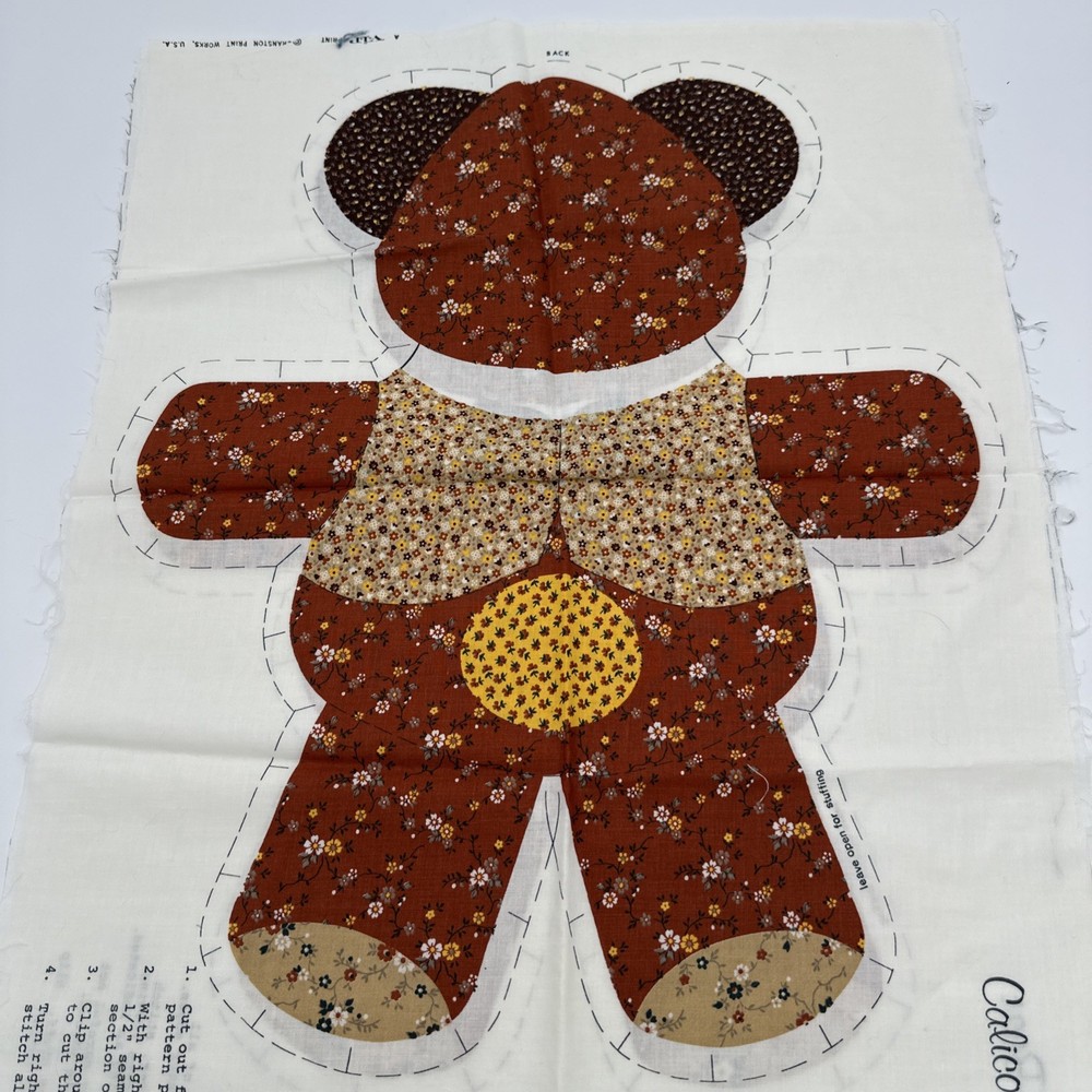 Vintage Calico Teddy Bear Sewing Pattern Panel, Uncut 20”