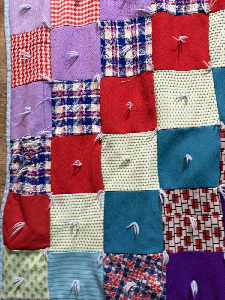 Handmade Rag Quilt Patchwork Tied Multicolor 87x75” Cotton Throw Bedspread