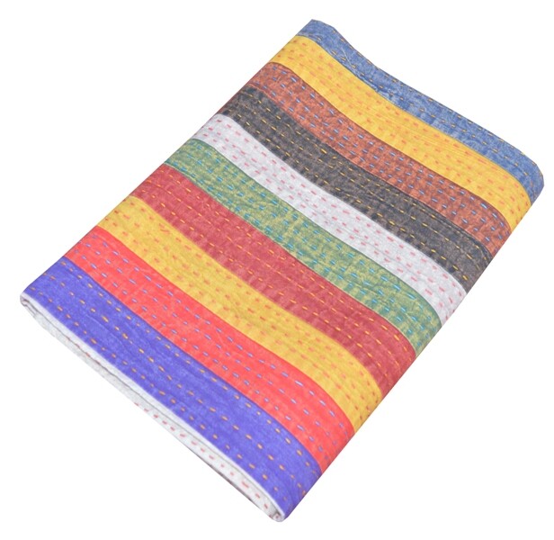 Indian Patchwork Multi Kantha Quilt Twin Handmade Cotton Blanket Bedspread