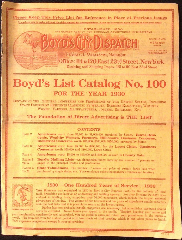 1930 Boyd's City Dispatch Boyd's List Catalog No 100 Philatelic Publication