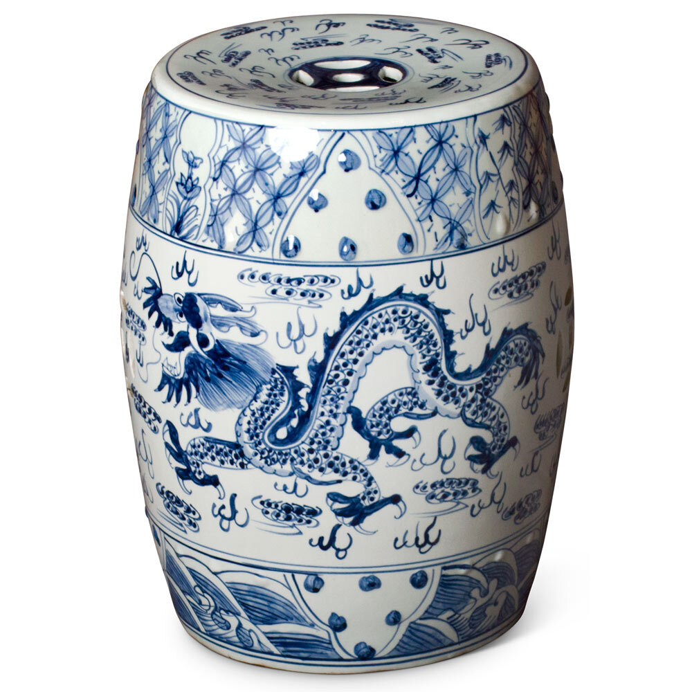 US Seller - Blue & White Porcelain Chinese Imperial Dragon Motif Garden Stool