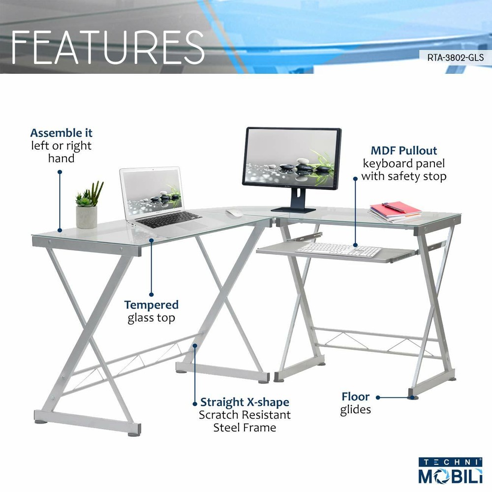 Techni Mobili L Shaped Computer Desk Workstation w/ Reversible Desktop Panels