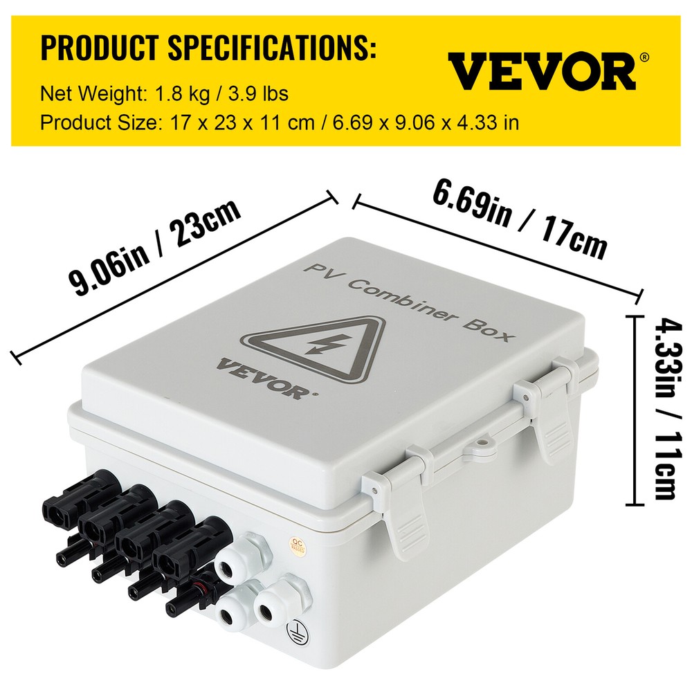 VEVOR Solar Combiner Box PV Combiner 15A 4 String Plastic for Solar Panel Kit