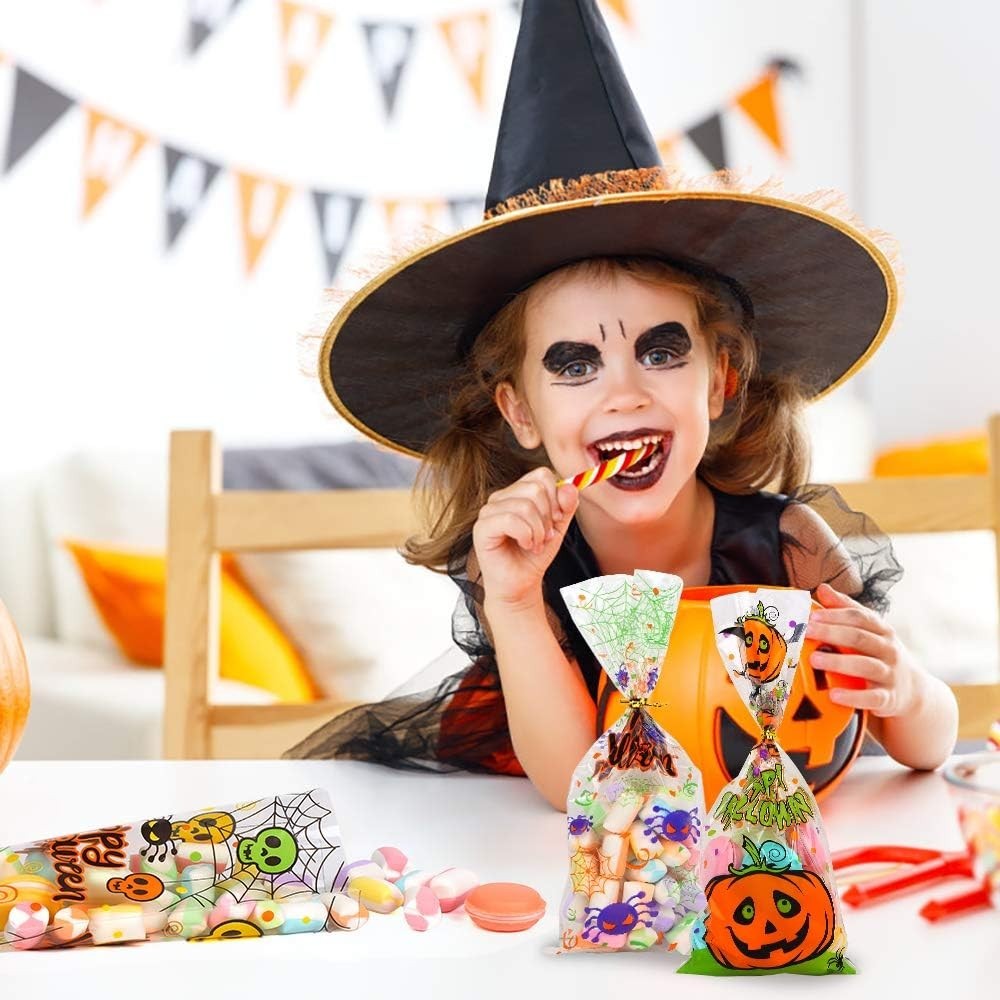 Bolsas de Celofán para Halloween, 200 Bolsas Transparentes para Dulces y Galleta