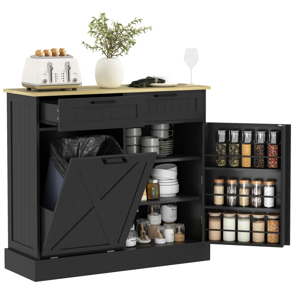 Kitchen Island with Trash Can Storage and Drawers, Black