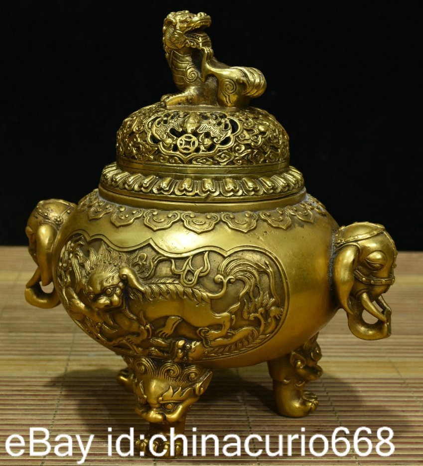 8.8" Marked Old China Copper Carving Dynasty Palace Qilin Elephant Ear Censer