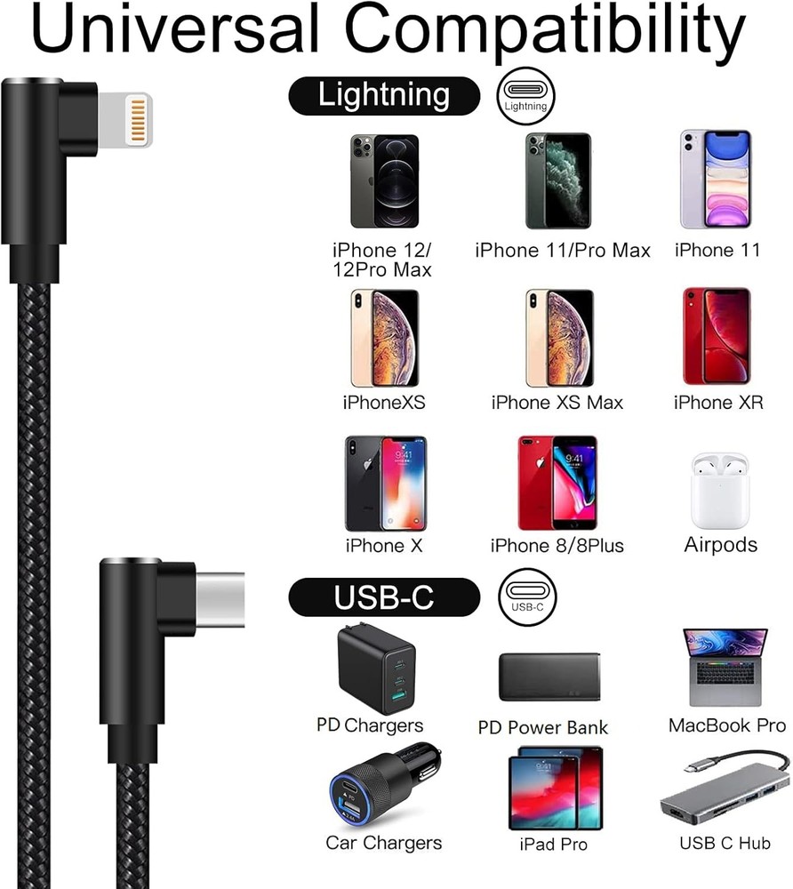 USB C to Lightning Cable 1ft 3 Pack MFi Certified Right Angle iPhone Black