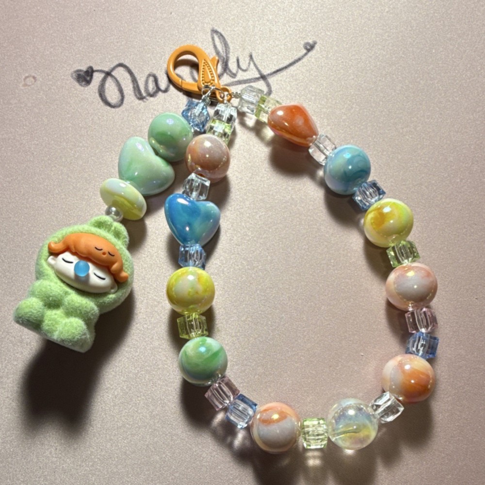 Beaded Cartoon Heart Multicolor Plastic Cell Phone Strap with Charm