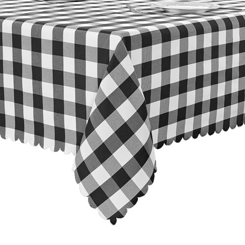 Gingham Tablecloth – 71" x 55" (Rectangular) Gingham (Scalloped Edge) - Black