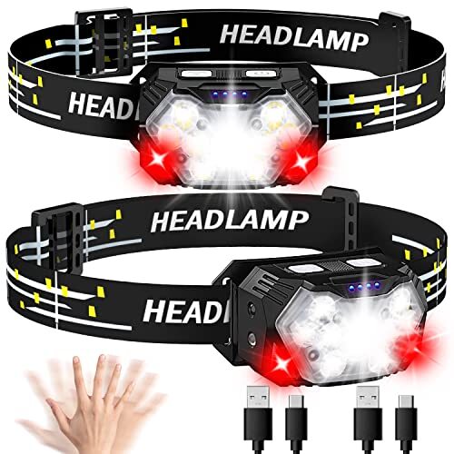 9 Led Rechargeable Headlamp 2 Pack 2000 Lumen Super Bright 10 Modes Motion Senso