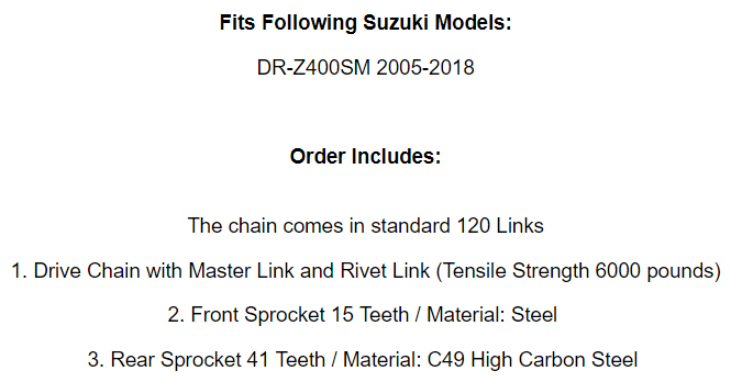 Black Drive Chain And Sprocket Kit for Suzuki DR-Z400Sm 2005-2018