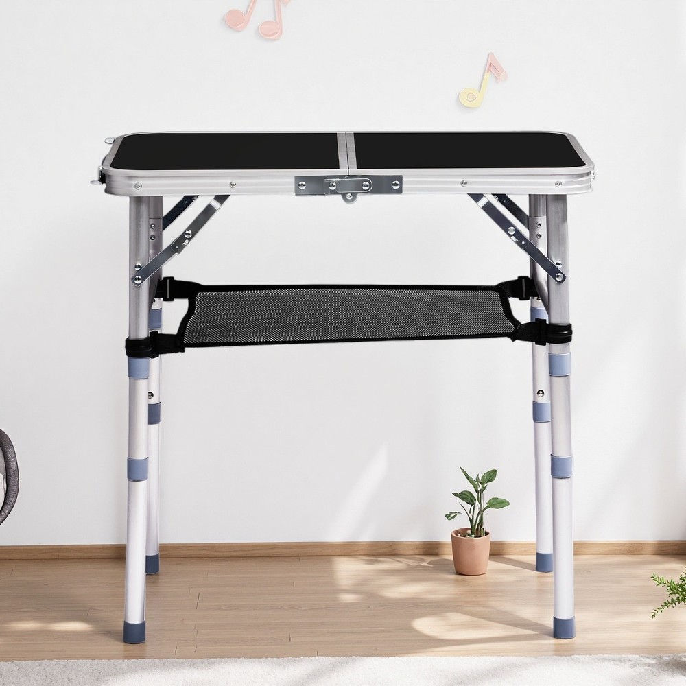 Folding Camping Table 2ft - Adjustable Mesh Storage Aluminum Frame Patio Black