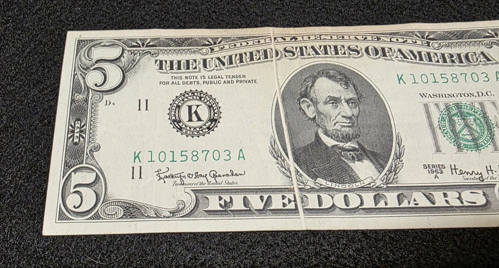 1963 A $5 Error Gutter Fold Federal Reserve Note.