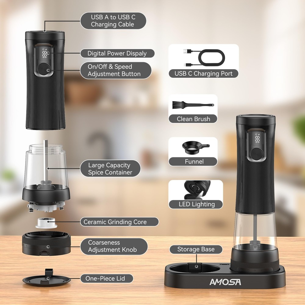 Salt and Pepper Grinder Set, Upgrade 2-Speed Setting, External 5 Adjustable C...