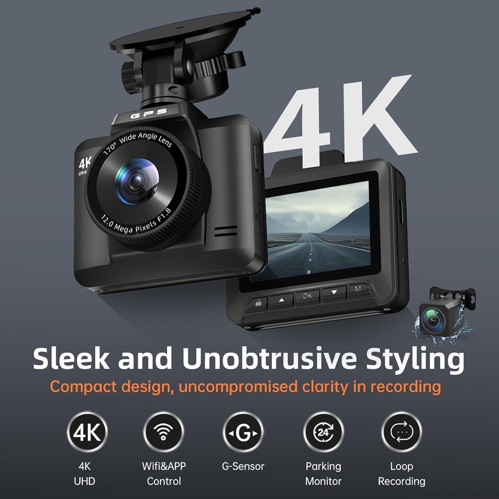 Comprehensive 4K+1080P Car Dash Cam with 170° Viewing Angle & Night Vision
