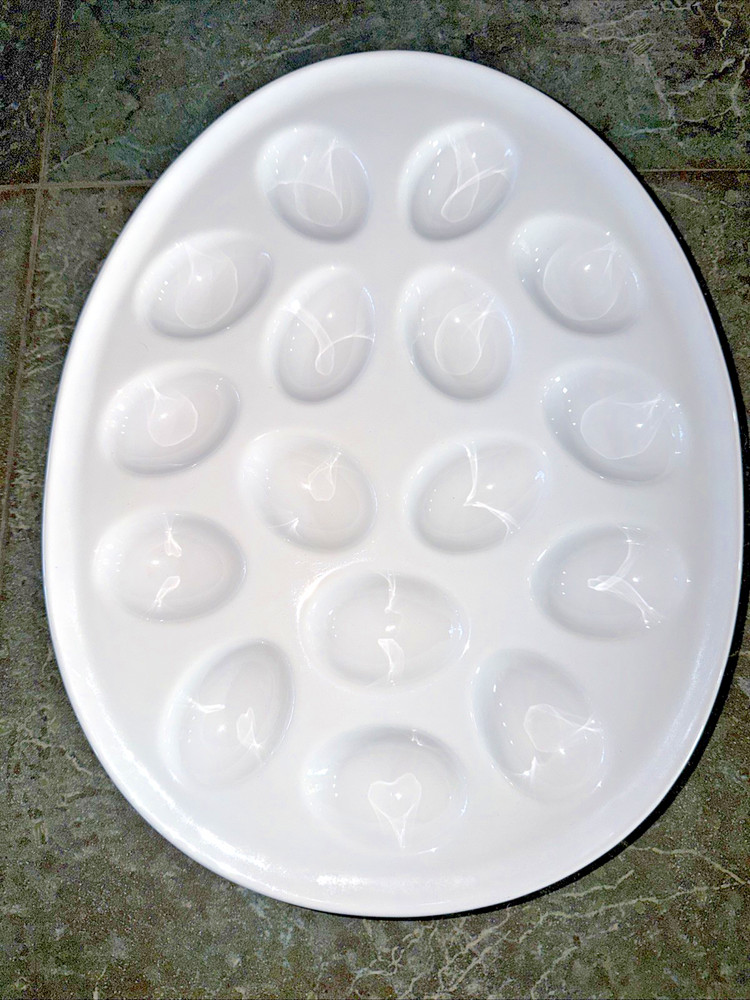 Big 24-slot Deviled Eggs Serving Platter Tray Solid White Stoneware Ellipse Oval