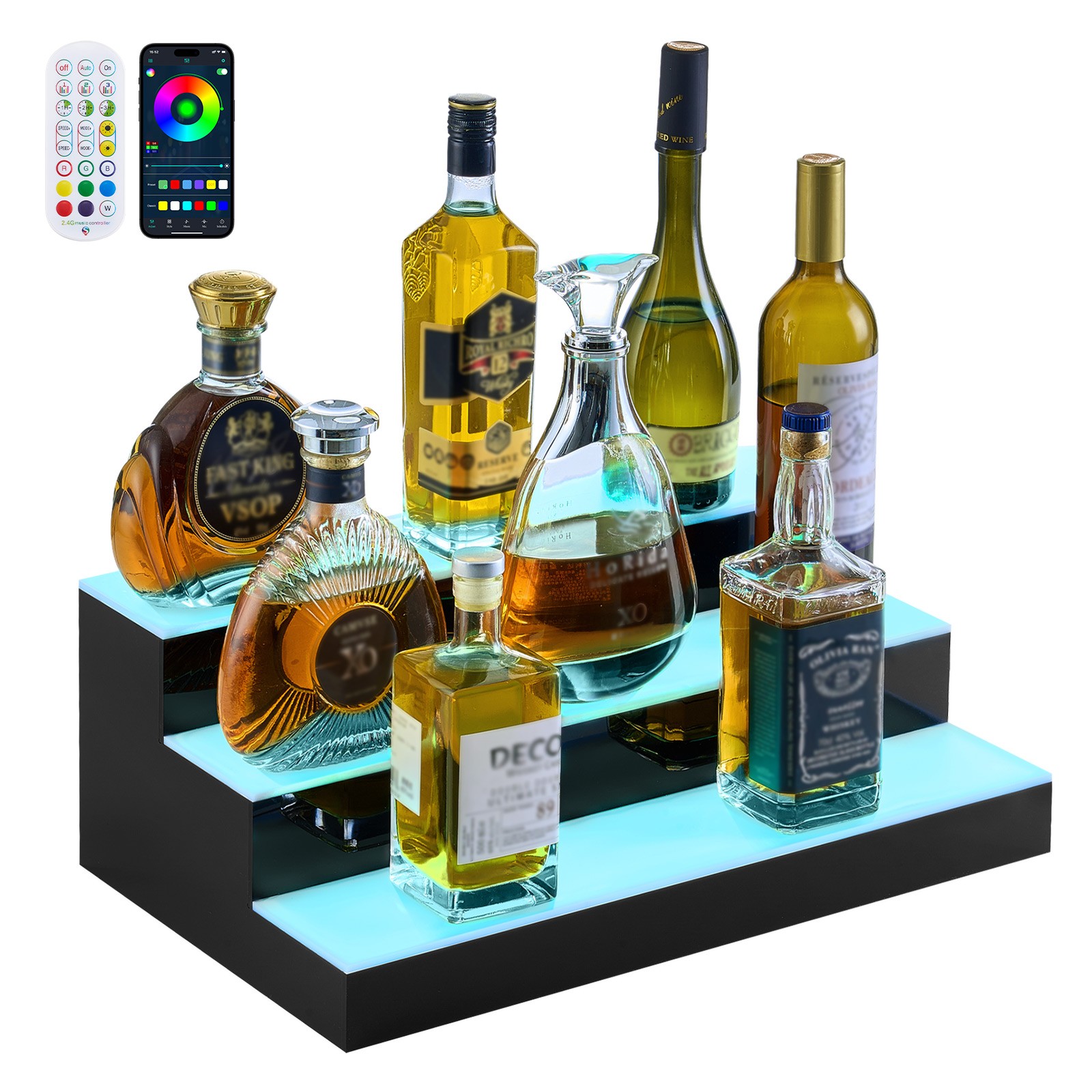 VEVOR LED Lighted Liquor Bottle Display 3 Tiers 20 Inches for 15 Bottles