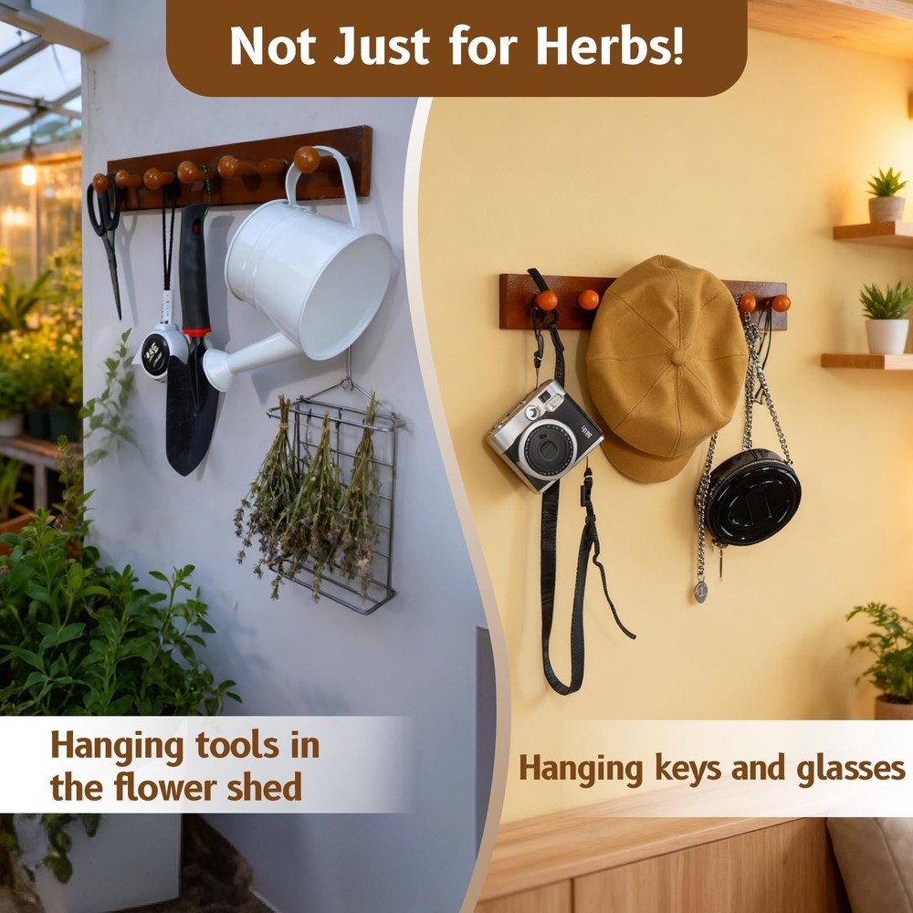 Rustic Hanging Herb Drying Rack–Space-Saving Design Holds 7 Bouquets,Fits Win...