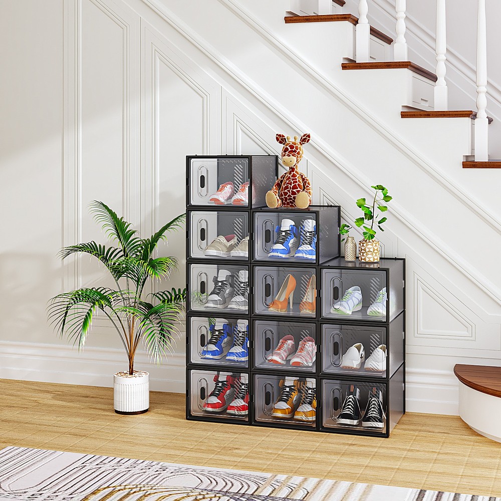 12-Piece Medium Black Plastic Mesh Shoe Box Modular Design for Home Storage