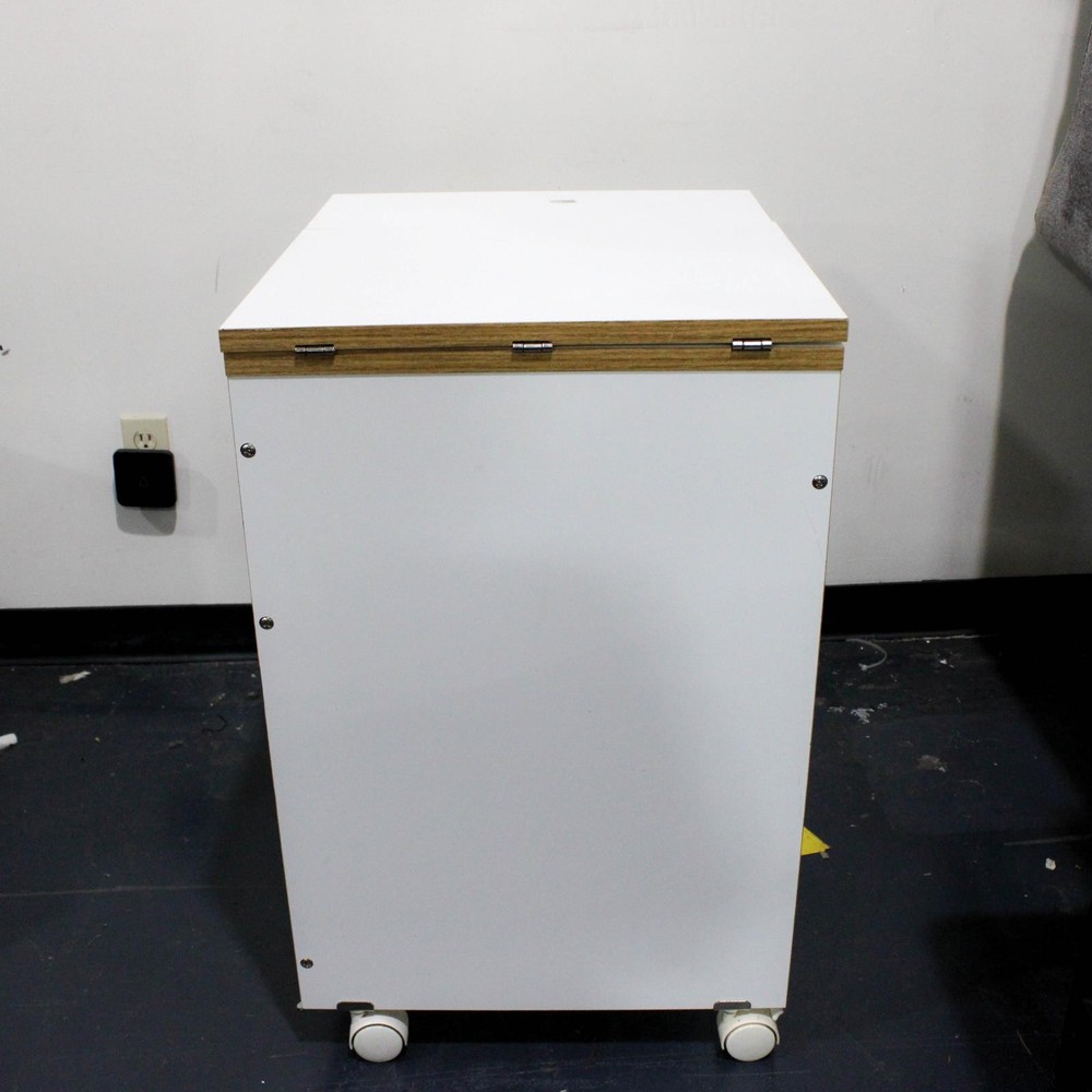 Rolling White Sewing Table with Fold-Out Leaves and Built-in Measuring Guide