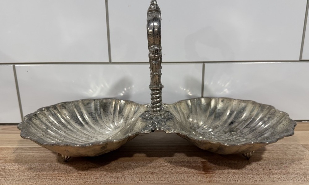 Vintage Silvertone Double Clam Shell Serving Dish Tarnish Resistant Japan 10"