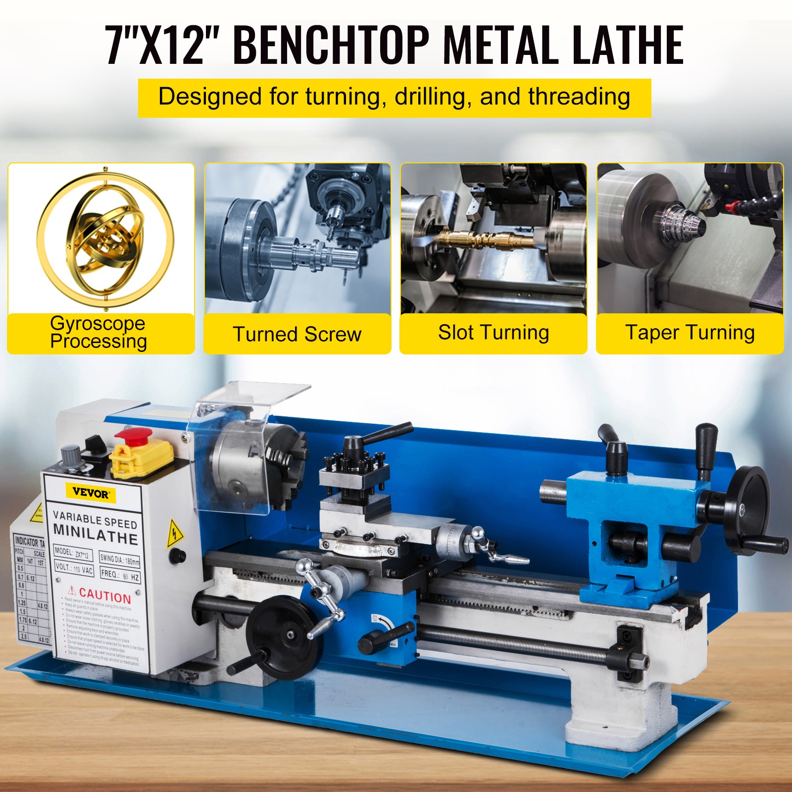 VEVOR Bench Top Mini Metal Milling Lathe 7x12 Variable Speed 0-2250 RPM w/ Lamp