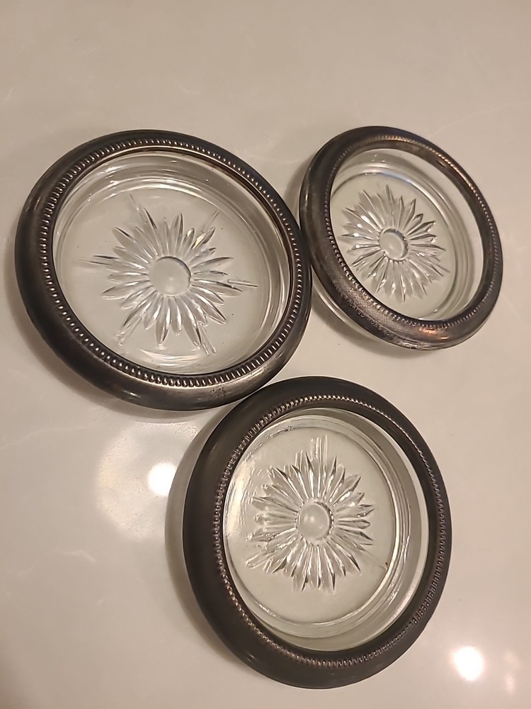 3 Leonard silver-plated rim glass coasters